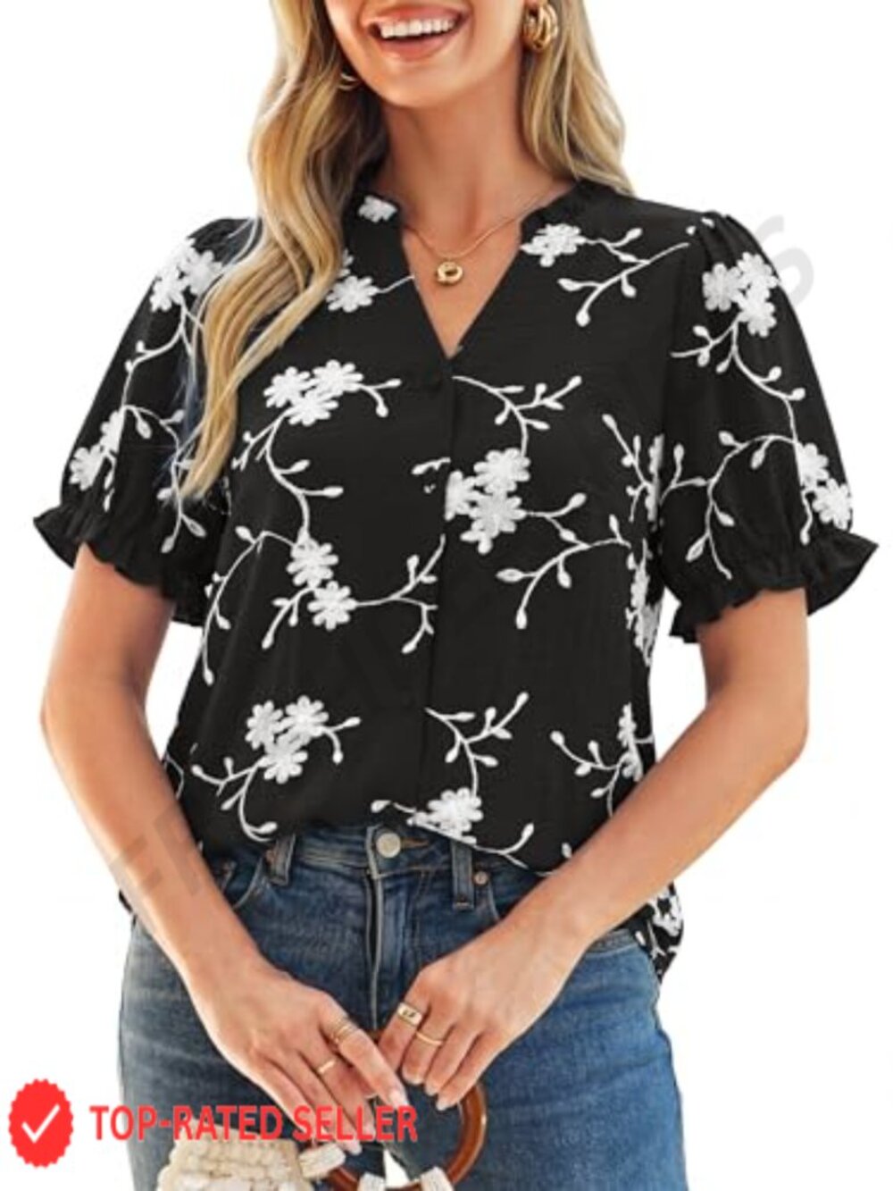 Simplee Womens Button Down Puff Ruffle Short Sleeve Blouse V Neck Embroidered